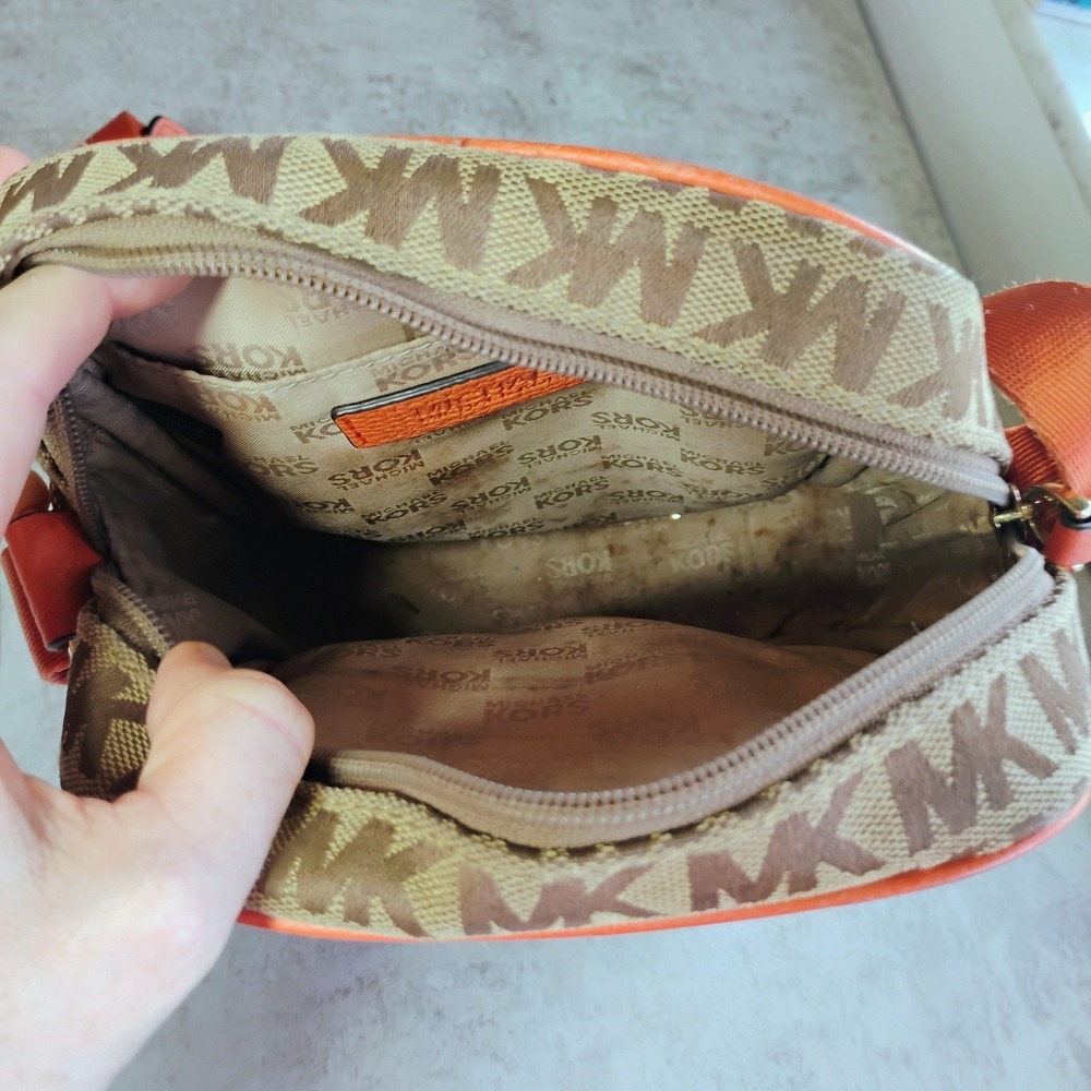 Michael Kors Signature Flight Crossbody Bag Brown Orange Leather Trim - Picture 10 of 16